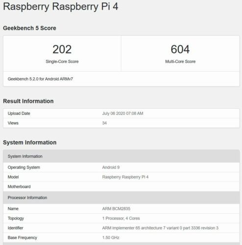 Raspberry Pi 4 Geekbench 5