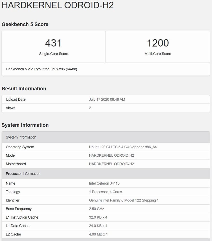 Odroid H2+ Geekbench 5