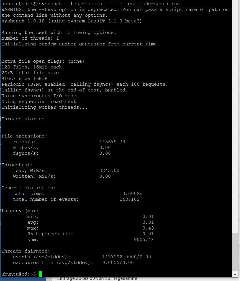 Sysbench IO lineares lesen mit Luks Verschlüsselung und BTRFS Komprimierung Odroid H2+