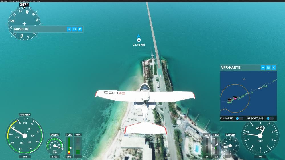 Flight Simulator 2020 - Florida Keys Der alte Highway versinkt im Meer (links neben dem neuen Highway)
