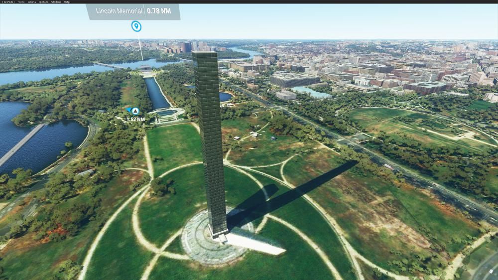 Flight Simulator 2020 - Washington - Urks sieht das scheiße aus. Das soll der Obelisk in Washinton sein. Unten sieht man den echten Schatten aus der Satellitenaufnahme und das Hochhaus was drauf geworden ist - fail++